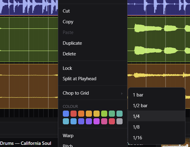 The clip right-click menu open on Chop to Grid