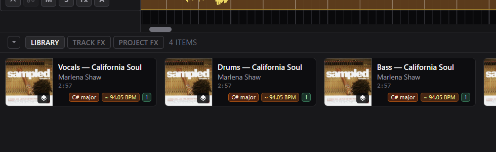 The bottom panel showing the Library, Track FX, and Project FX tabs