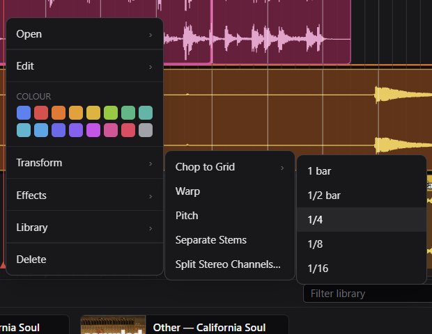 The clip right-click menu open on Chop to Grid