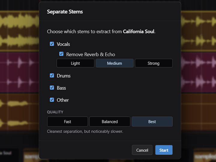 The Separate Stems dialog with parts selected