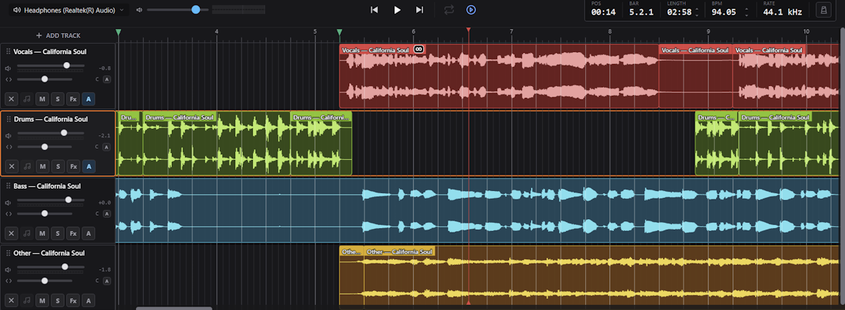The timeline with clips arranged across several tracks