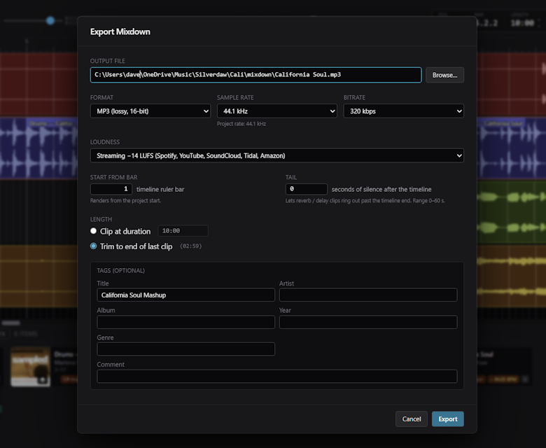 The Export Mixdown dialog