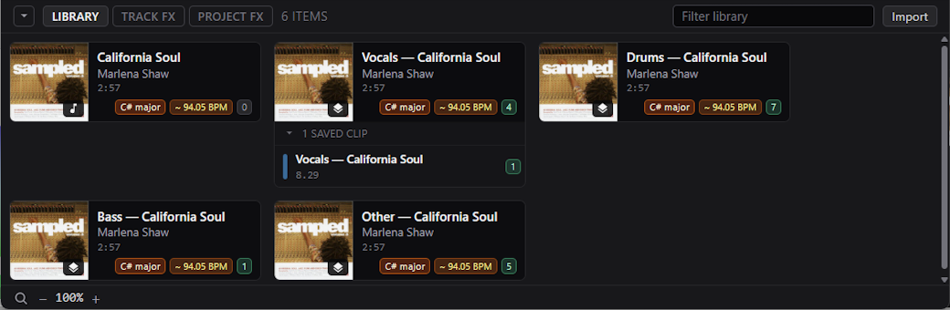 The Library with imported audio, stems, a saved clip, and the Filter library field